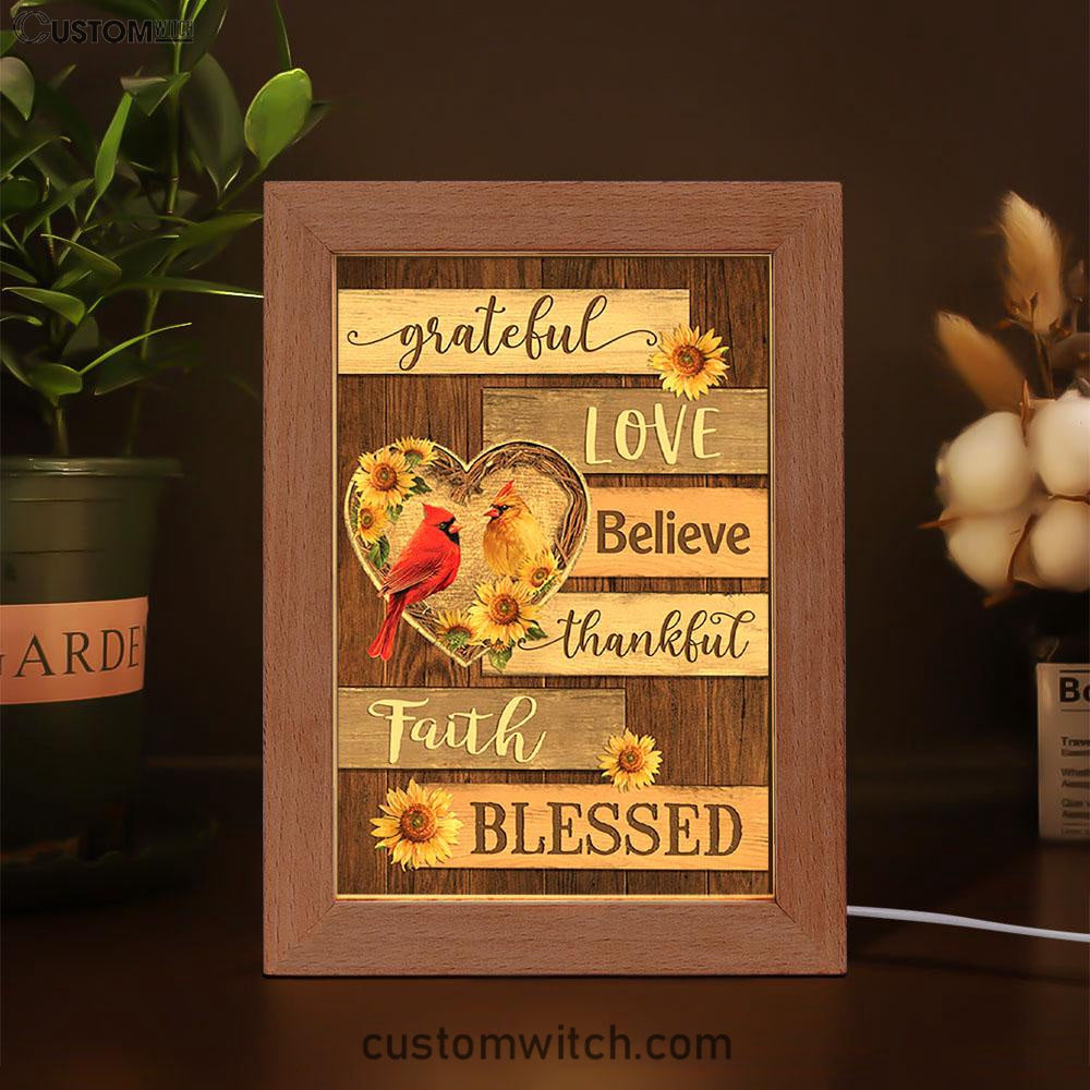 Cardinal Couple Sunflower Grateful Love Believe Frame Lamp Art - Bible Verse Art - Christian Inspirational Decor