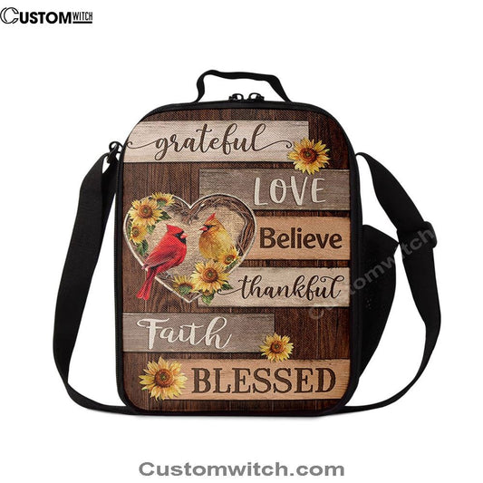 Cardinal Couple Sunflower Grateful Love Believe Lunch Bag, Christian Lunch Bag For School, Picnic, Religious Lunch Bag