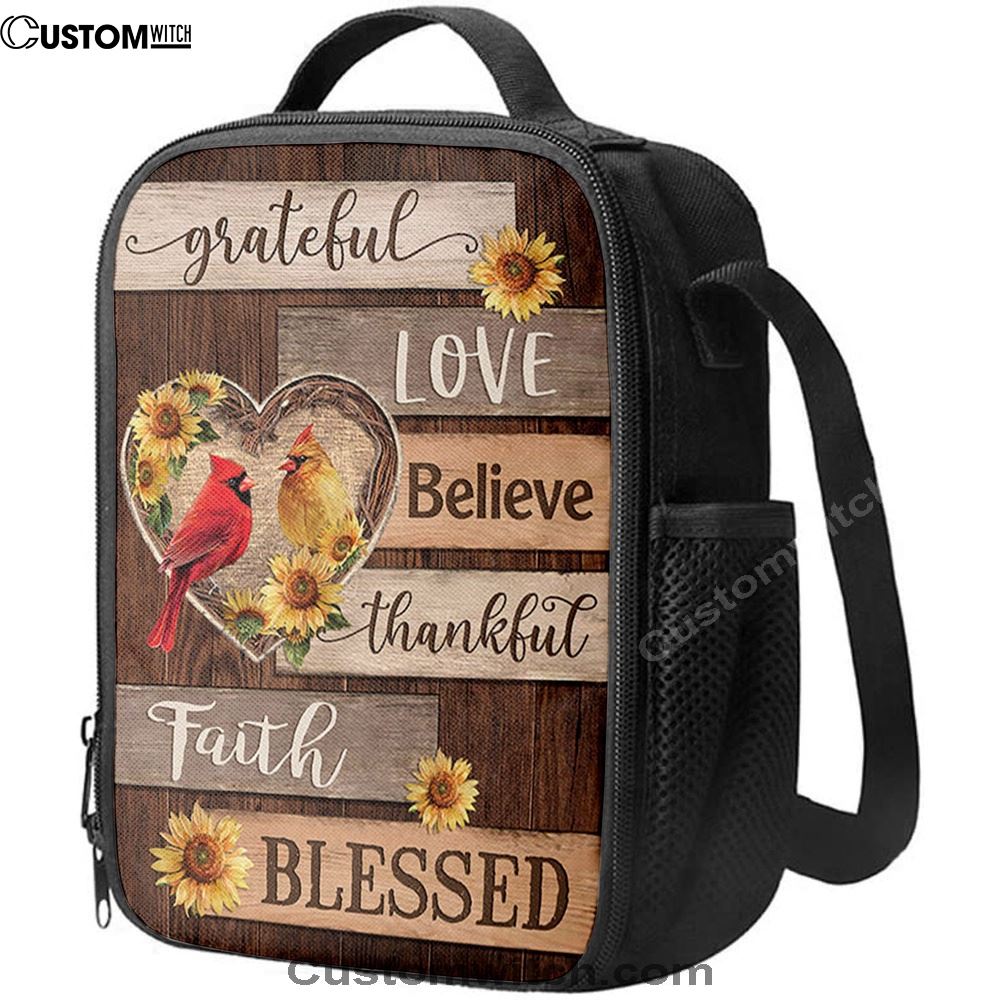 Cardinal Couple Sunflower Grateful Love Believe Lunch Bag, Christian Lunch Bag For School, Picnic, Religious Lunch Bag