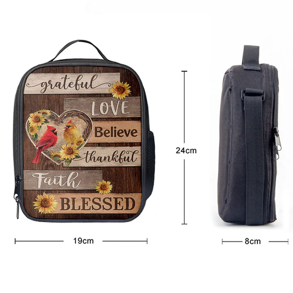 Cardinal Couple Sunflower Grateful Love Believe Lunch Bag, Christian Lunch Bag For School, Picnic, Religious Lunch Bag