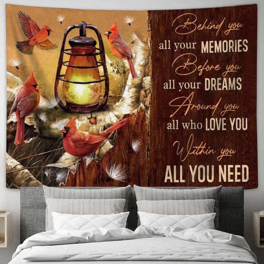 Cardinal, Dandelion, Behind You All Your Memories Tapestry, Tapestries for Living Room Bedroom