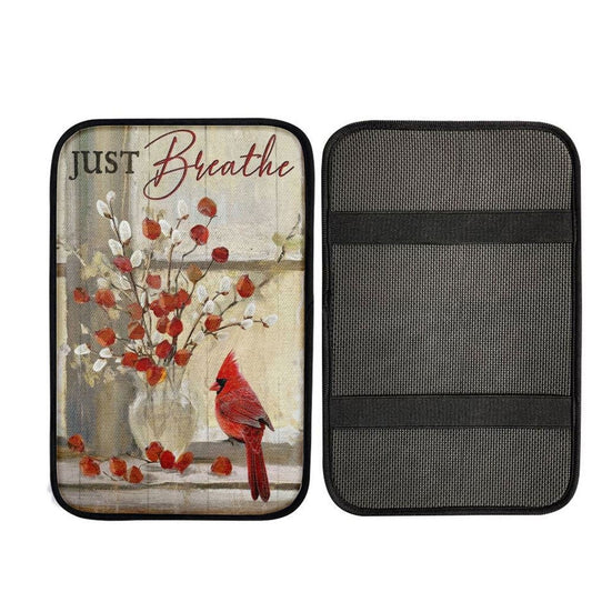 Cardinal, Fuchsia Flower, Willow Flower, Just Breathe Car Center Console Cover, Car Armrest Pad, Christian Gift, Armrest Box Mat