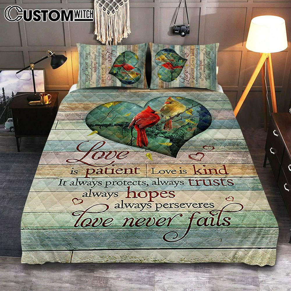 Cardinal Love Is Patient Love Is Kind Quilt Bedding Set - Christian Bedroom - Religious Home Decor