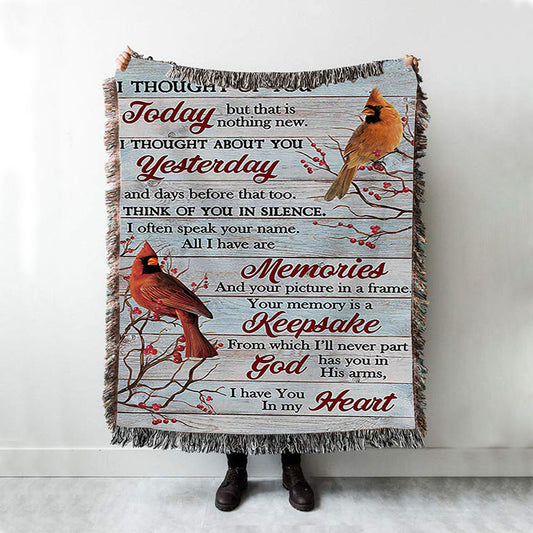 Cardinal Red Cranberry I Thought Of You Today Woven Blanket Art - Bible Verse Throw Blanket - Christian Inspirational Boho Blanket