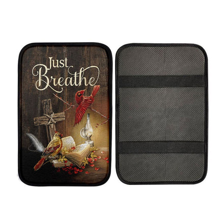 Cardinal Vintage Lantern Bible - Just Breathe Car Center Console Cover, Religious Car Armrest Accessories