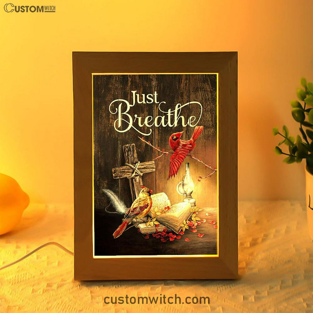 Cardinal Vintage Lantern Bible - Just Breathe Frame Lamp Art - Christian Night Light - Bible Verse Wooden Lamp
