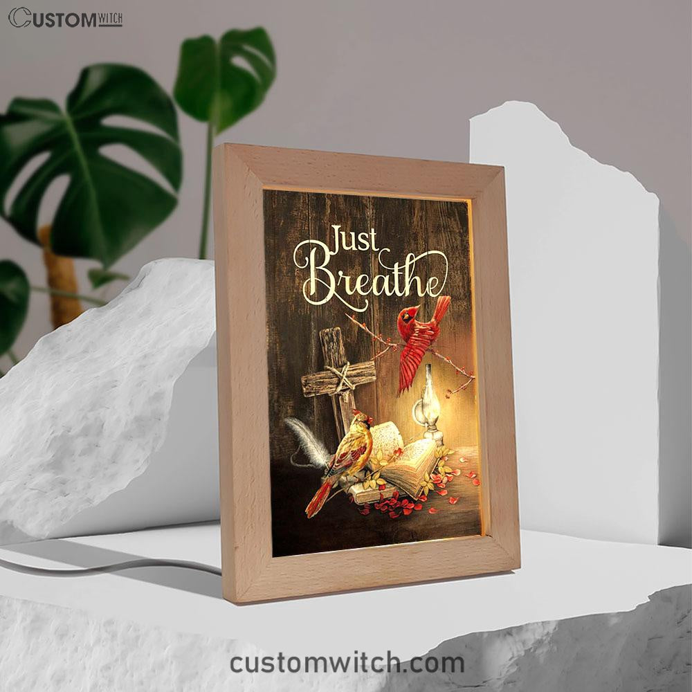 Cardinal Vintage Lantern Bible - Just Breathe Frame Lamp Art - Christian Night Light - Bible Verse Wooden Lamp