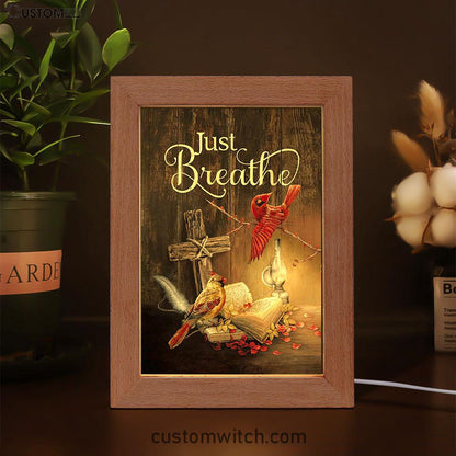 Cardinal Vintage Lantern Bible - Just Breathe Frame Lamp Art - Christian Night Light - Bible Verse Wooden Lamp