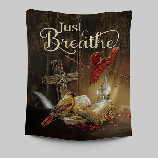 Cardinal Vintage Lantern Bible - Just Breathe Tapestry Wall Art - Christian Tapestries Prints - Bible Verse Tapestry Art