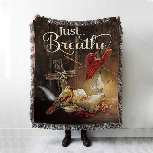 Cardinal Vintage Lantern Bible - Just Breathe Woven Throw Blanket - Christian Woven Blanket Prints - Bible Verse Woven Blanket Art