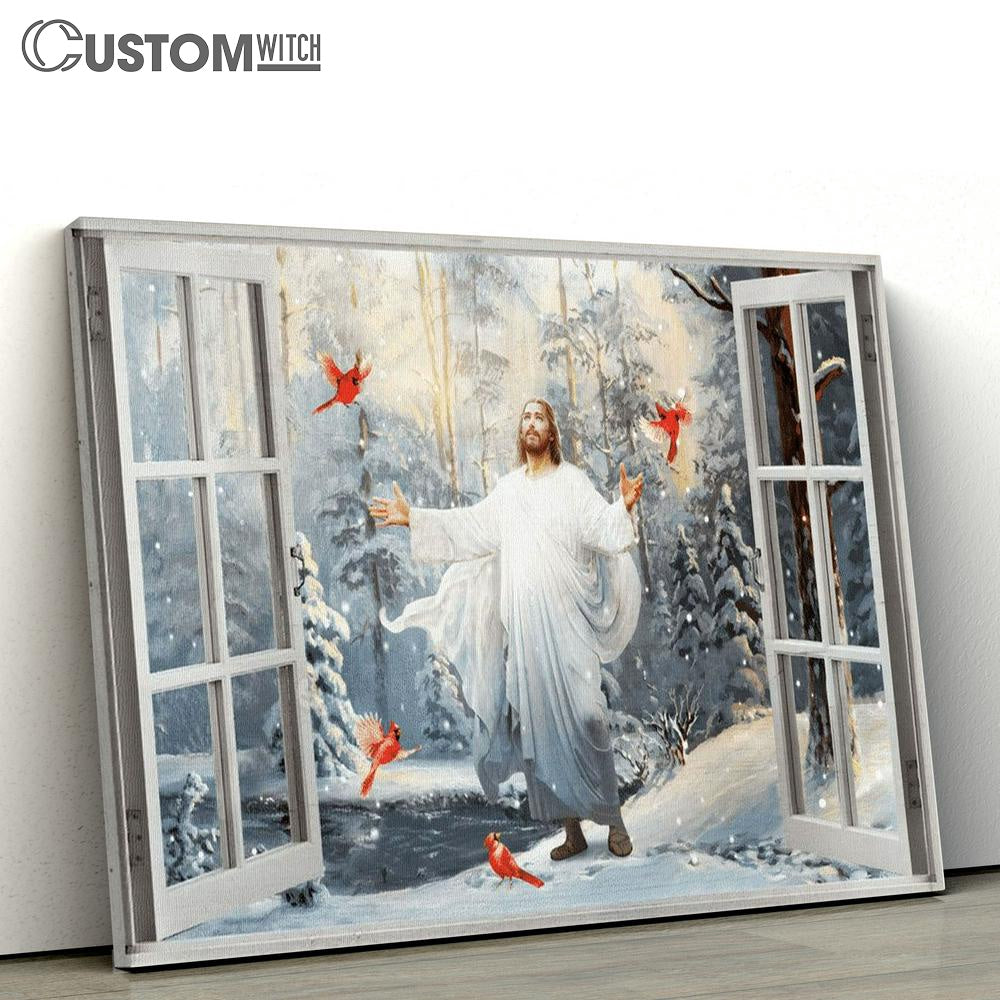 Cardinal Walking With Jesus Into The Winter Forest Canvas Poster
