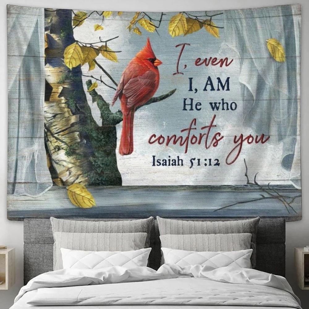 Cardinal Yellow Leaf Window Scarf I, Even I, Am He Who Comforts You Tapestry, Tapestries for Living Room Bedroom