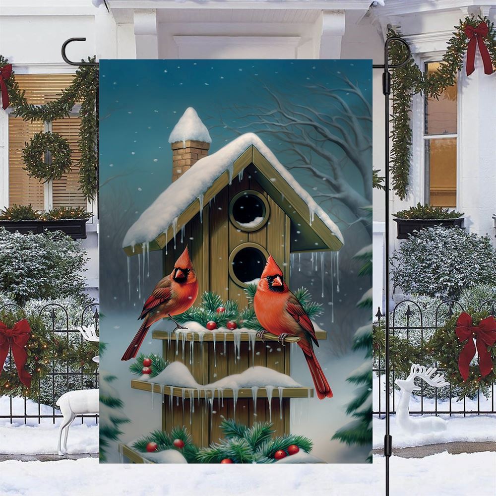 Cardinals At The Snow Capped Birdhouse Flag, Christmas Notre Dame House Flag, Christmas Outdoor Decor Ideas