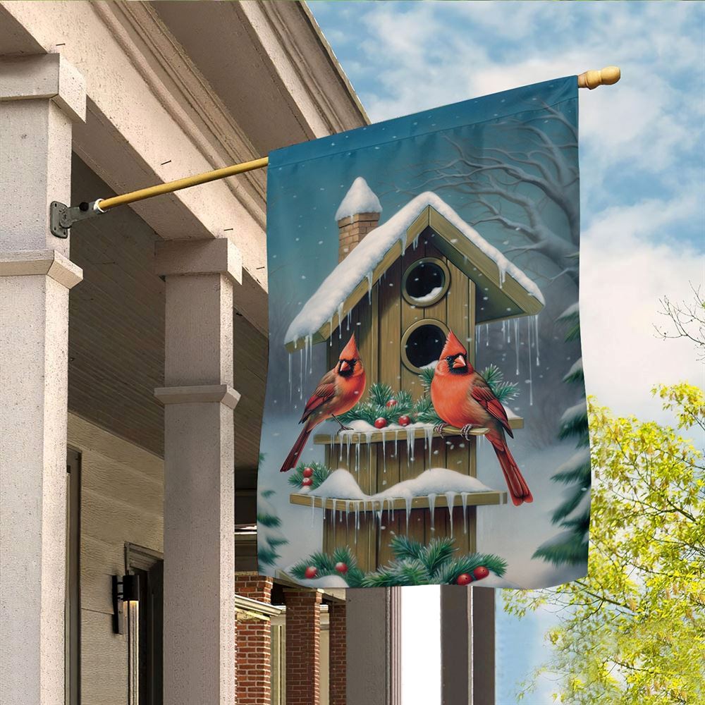 Cardinals At The Snow Capped Birdhouse Flag, Christmas Notre Dame House Flag, Christmas Outdoor Decor Ideas