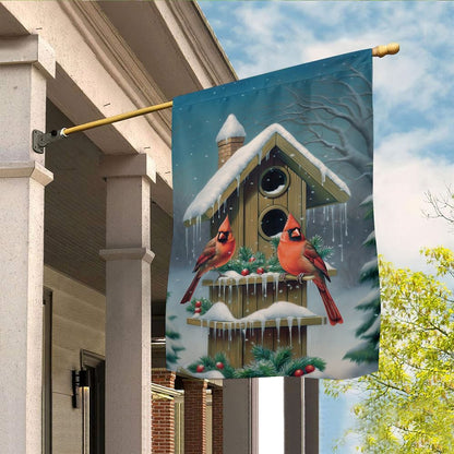 Cardinals At The Snow Capped Birdhouse Flag, Christmas Notre Dame House Flag, Christmas Outdoor Decor Ideas