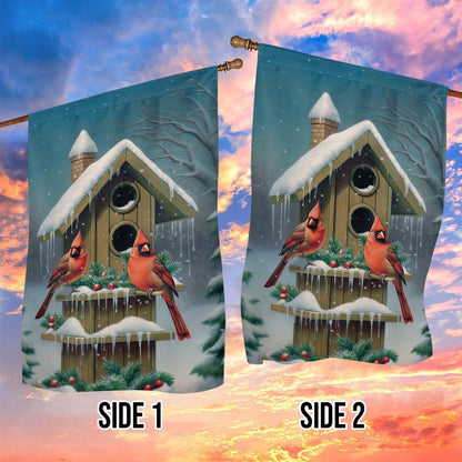 Cardinals At The Snow Capped Birdhouse Flag, Christmas Notre Dame House Flag, Christmas Outdoor Decor Ideas