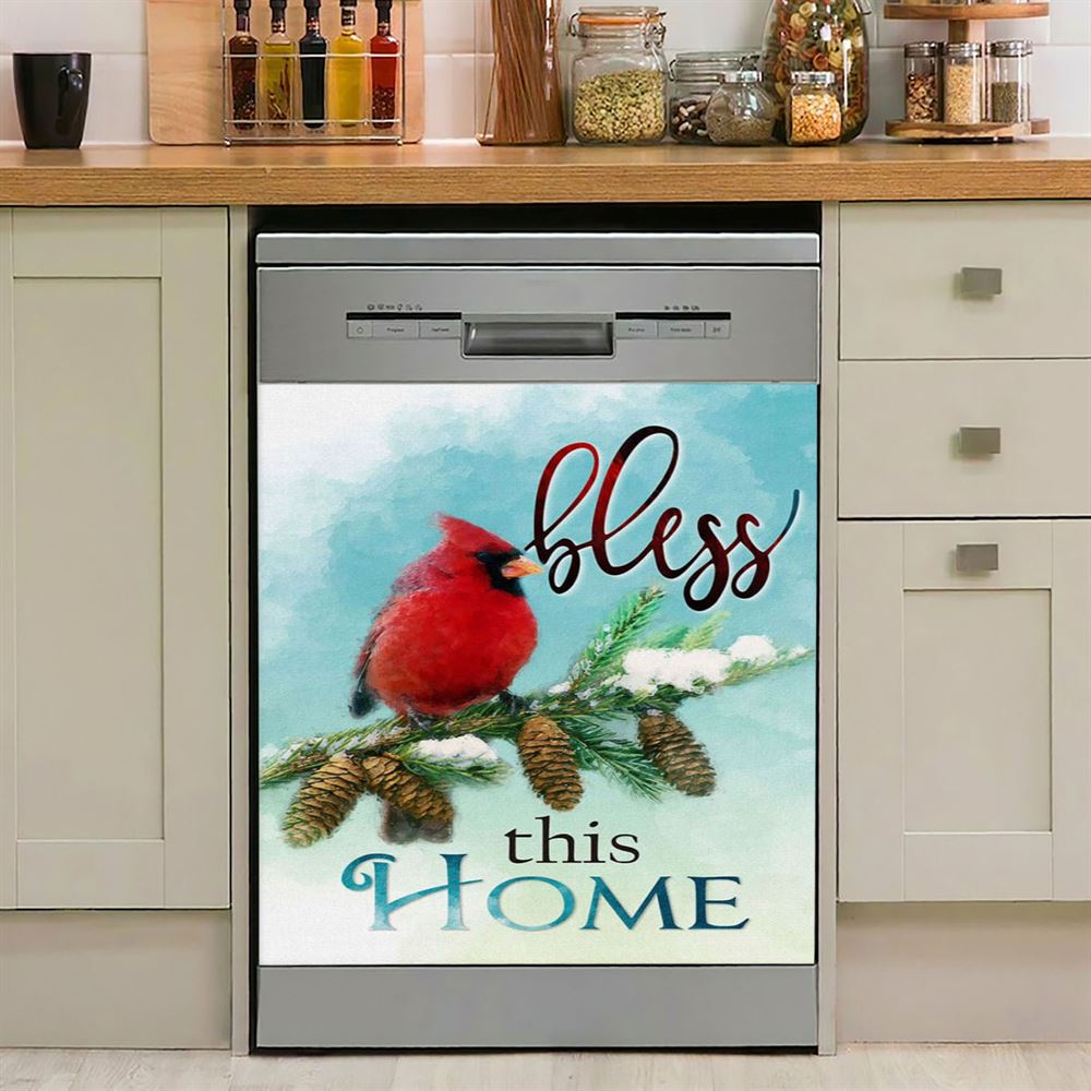 Cardinals Bird Bless This Home Christian Dishwasher Cover, Bible Verse Dishwasher Magnet Cover, Scripture Kitchen Decor