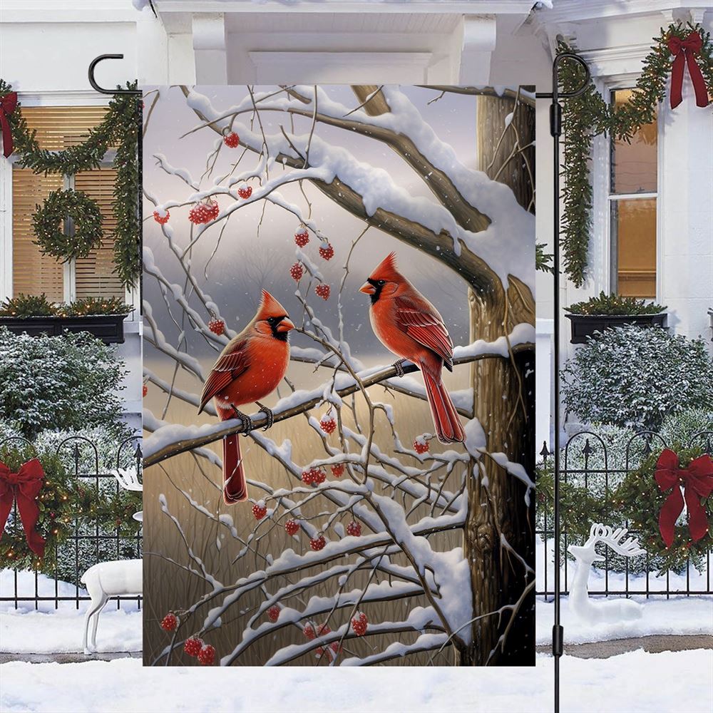 Cardinals On A Berry Laden Branch Flag, Christmas Notre Dame House Flag, Christmas Outdoor Decor Ideas