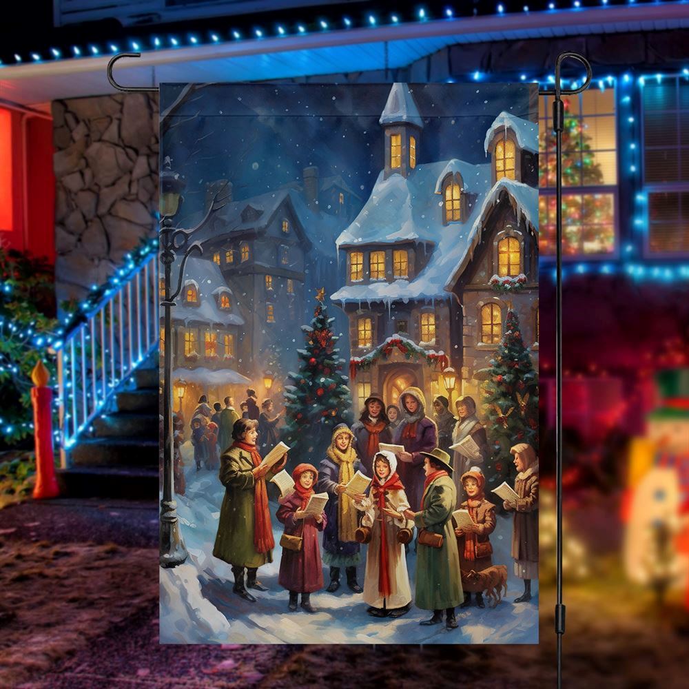 Carolers By The Candlelit Village  Flag, Christmas Garden Flag, Home Decor Accessories, Christmas Outdoor Decor Ideas