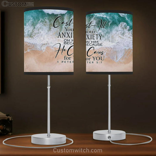 Cast All Your Anxiety On Him Because He Cares For You 1 Peter 57 Table Lamb Gift - Christian Bedroom Decor