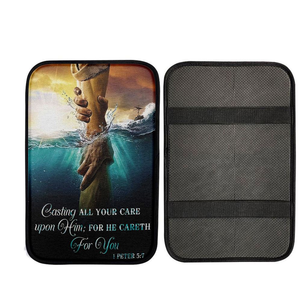 Casting All Your Care Upon Him 1 Peter 57 Kjv Bible Verse Car Center Console Cover, Religious Car Armrest Accessories