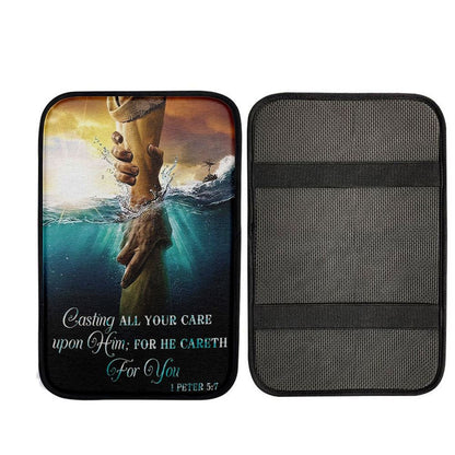 Casting All Your Care Upon Him 1 Peter 57 Kjv Bible Verse Car Center Console Cover, Religious Car Armrest Accessories