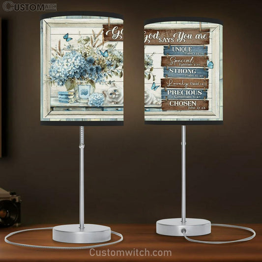 Cat And Flower - God Says You Are Unique, Special, Lovely, Precious, Strong, Chosen Table Lamb