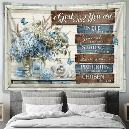 Cat And Flower - God Says You Are Unique, Special, Lovely, Precious, Strong, Chosen Tapestry, Tapestries for Living Room Bedroom