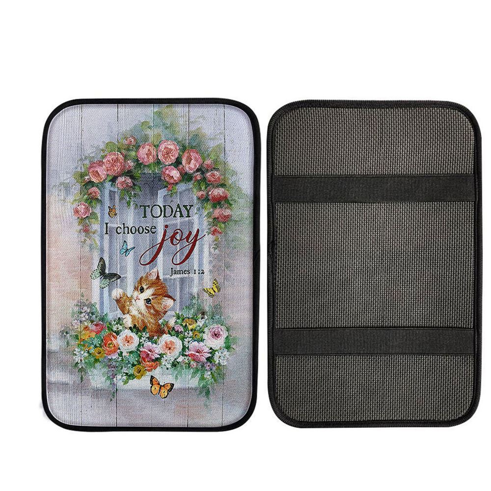 Cat Butterflies Today I Choose Joy Car Center Console Cover - Gift For Cat Lover, Religious Car Armrest Accessories