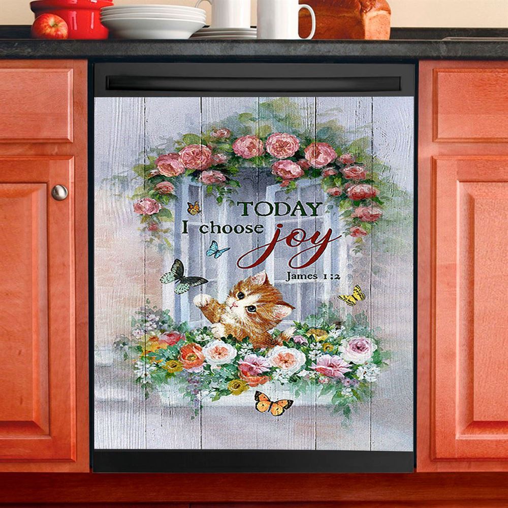 Cat Butterflies Today I Choose Joy Dishwasher Cover, Christian Dishwasher Magnet Cover, Gift For Cat Lover