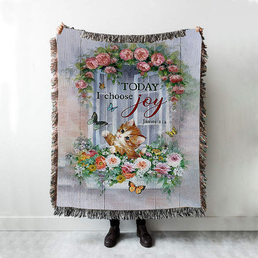 Cat Butterflies Today I Choose Joy Woven Blanket Art - Christian Throw Blanket Decor - Gift For Cat Lover