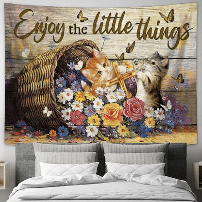 Cat Flower Cross Enjoy The Little Things Tapestry, Tapestries for Living Room Bedroom