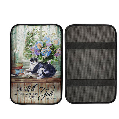 Cat Hydrangea Vase Book - Be Still And Know That I Am God Car Center Console Cover, Religious Car Armrest Accessories