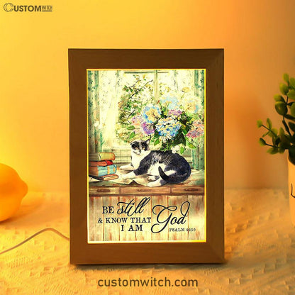Cat Hydrangea Vase Book - Be Still And Know That I Am God Frame Lamp Art - Christian Night Light - Bible Verse Wooden Lamp