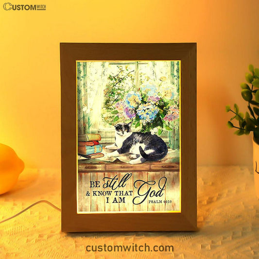 Cat Hydrangea Vase Book - Be Still And Know That I Am God Frame Lamp Art - Christian Night Light - Bible Verse Wooden Lamp
