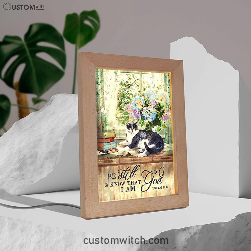Cat Hydrangea Vase Book - Be Still And Know That I Am God Frame Lamp Art - Christian Night Light - Bible Verse Wooden Lamp