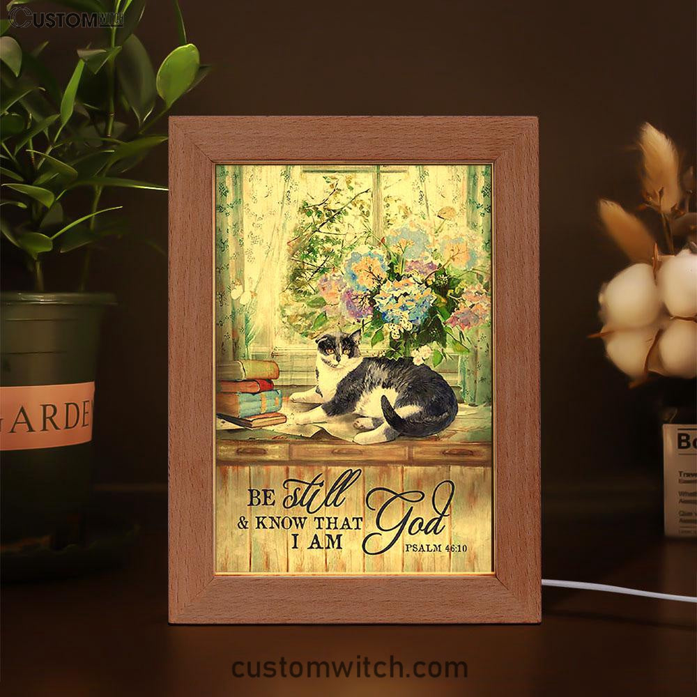 Cat Hydrangea Vase Book - Be Still And Know That I Am God Frame Lamp Art - Christian Night Light - Bible Verse Wooden Lamp