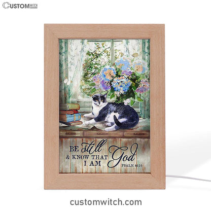 Cat Hydrangea Vase Book - Be Still And Know That I Am God Frame Lamp Art - Christian Night Light - Bible Verse Wooden Lamp