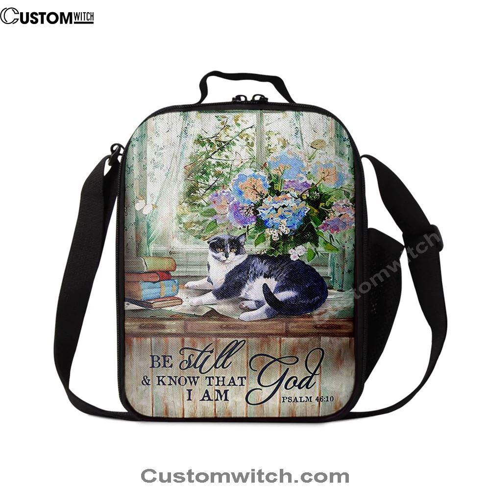 Cat Hydrangea Vase Book Lunch Bag, Be Still And Know That I Am God Lunch Bag, Christian Lunch Bag For School, Picnic, Religious Lunch Bag
