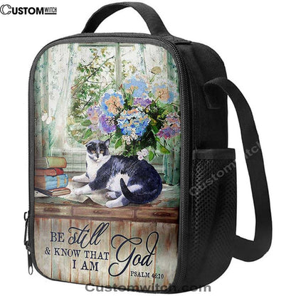 Cat Hydrangea Vase Book Lunch Bag, Be Still And Know That I Am God Lunch Bag, Christian Lunch Bag For School, Picnic, Religious Lunch Bag
