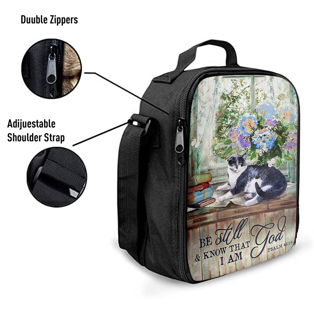 Cat Hydrangea Vase Book Lunch Bag, Be Still And Know That I Am God Lunch Bag, Christian Lunch Bag For School, Picnic, Religious Lunch Bag