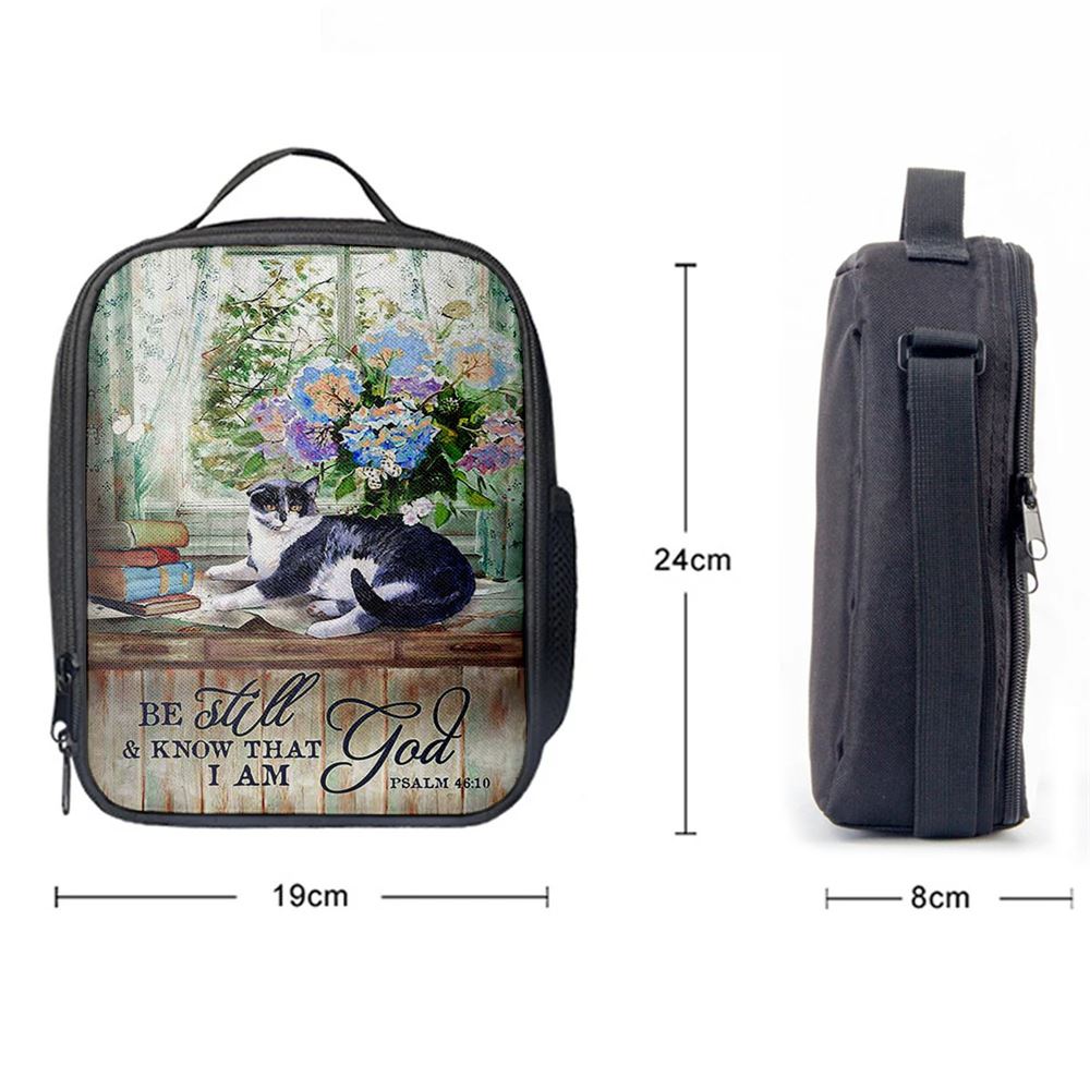 Cat Hydrangea Vase Book Lunch Bag, Be Still And Know That I Am God Lunch Bag, Christian Lunch Bag For School, Picnic, Religious Lunch Bag
