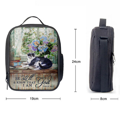 Cat Hydrangea Vase Book Lunch Bag, Be Still And Know That I Am God Lunch Bag, Christian Lunch Bag For School, Picnic, Religious Lunch Bag