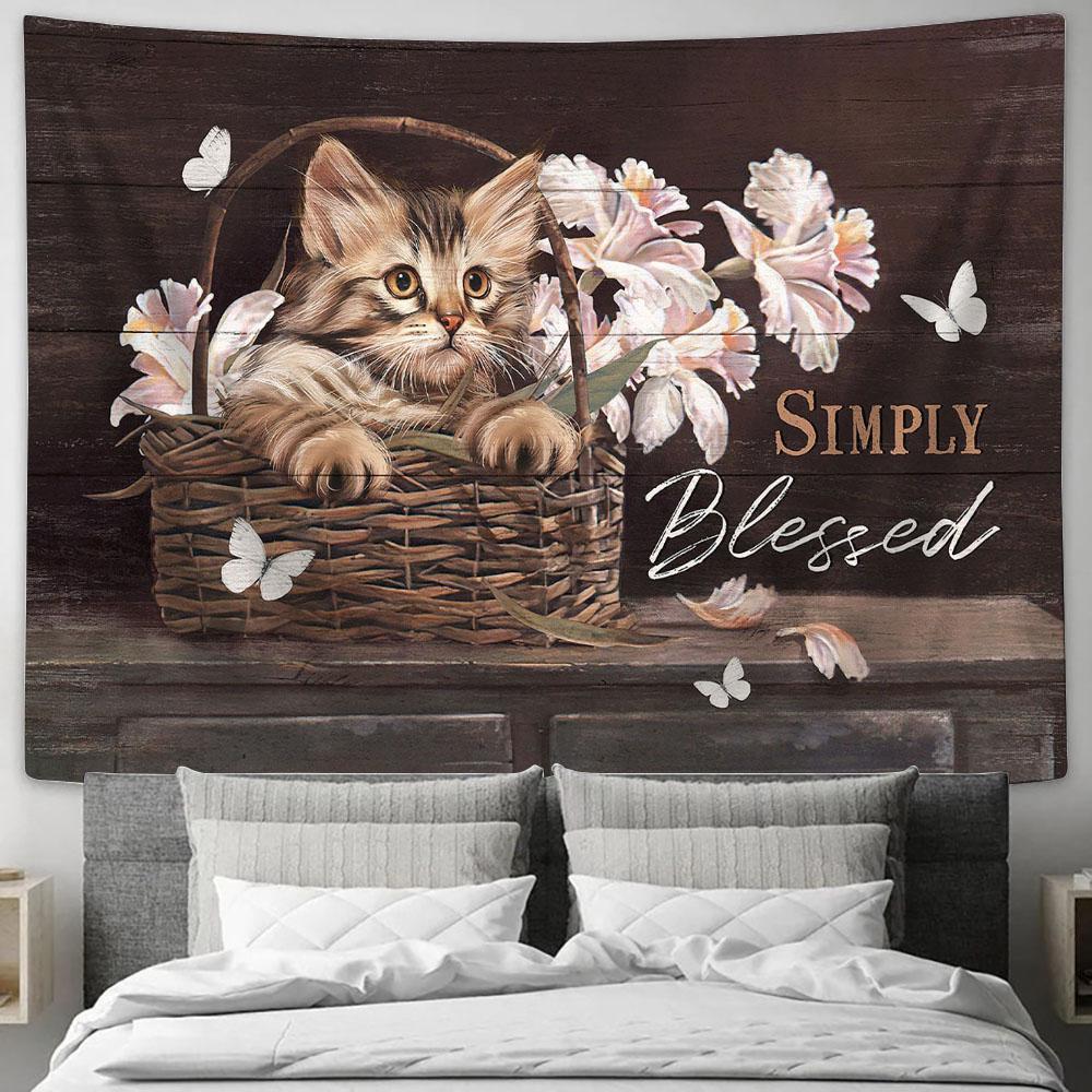 Cat Light Pink Flower Simply Blessed Tapestry Wall Art - Bible Verse Tapestry - Religious Tapestry Wall Hanging