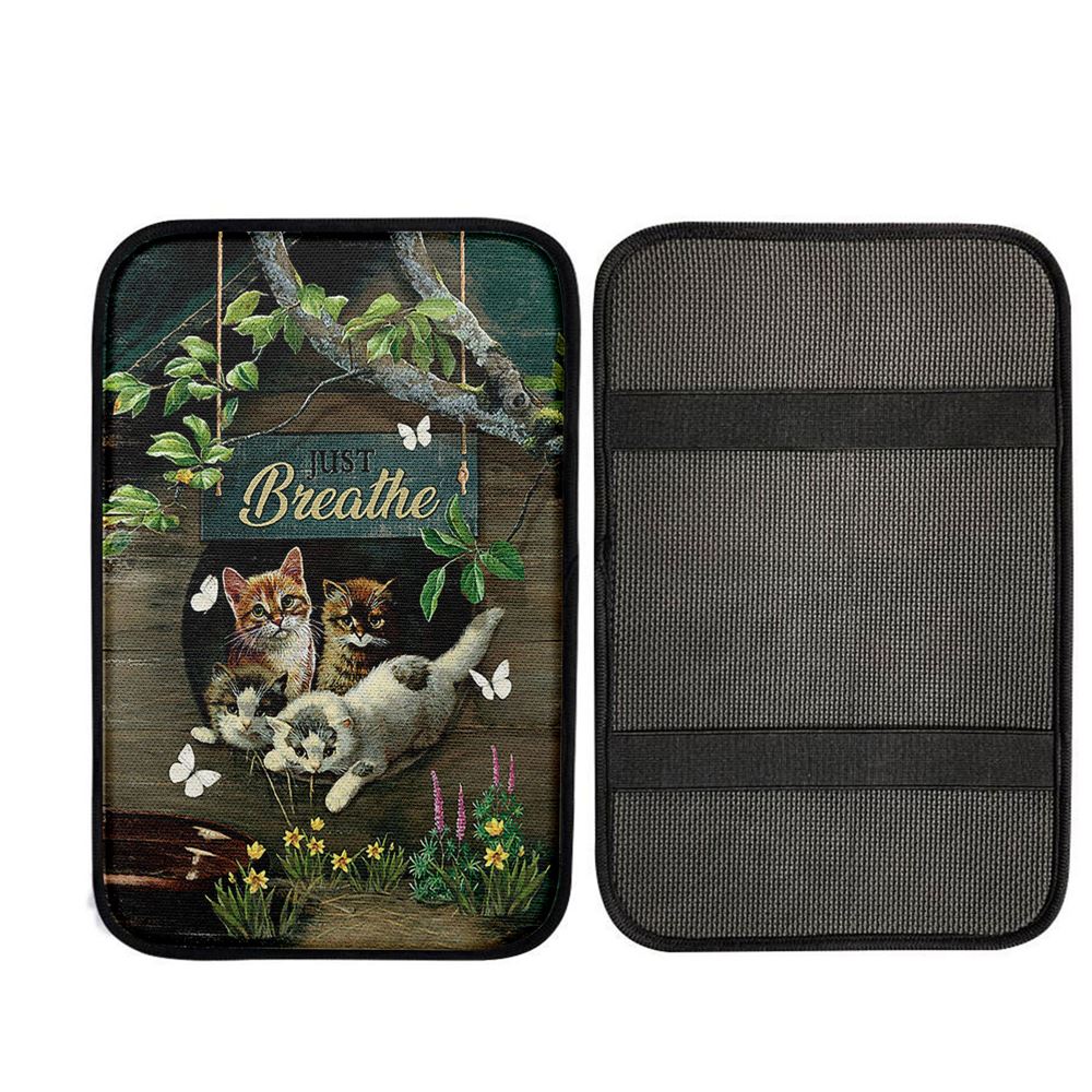 Cat Lovers Just Breathe Car Center Console Cover - Gift For Cat Lover, Religious Car Armrest Accessories