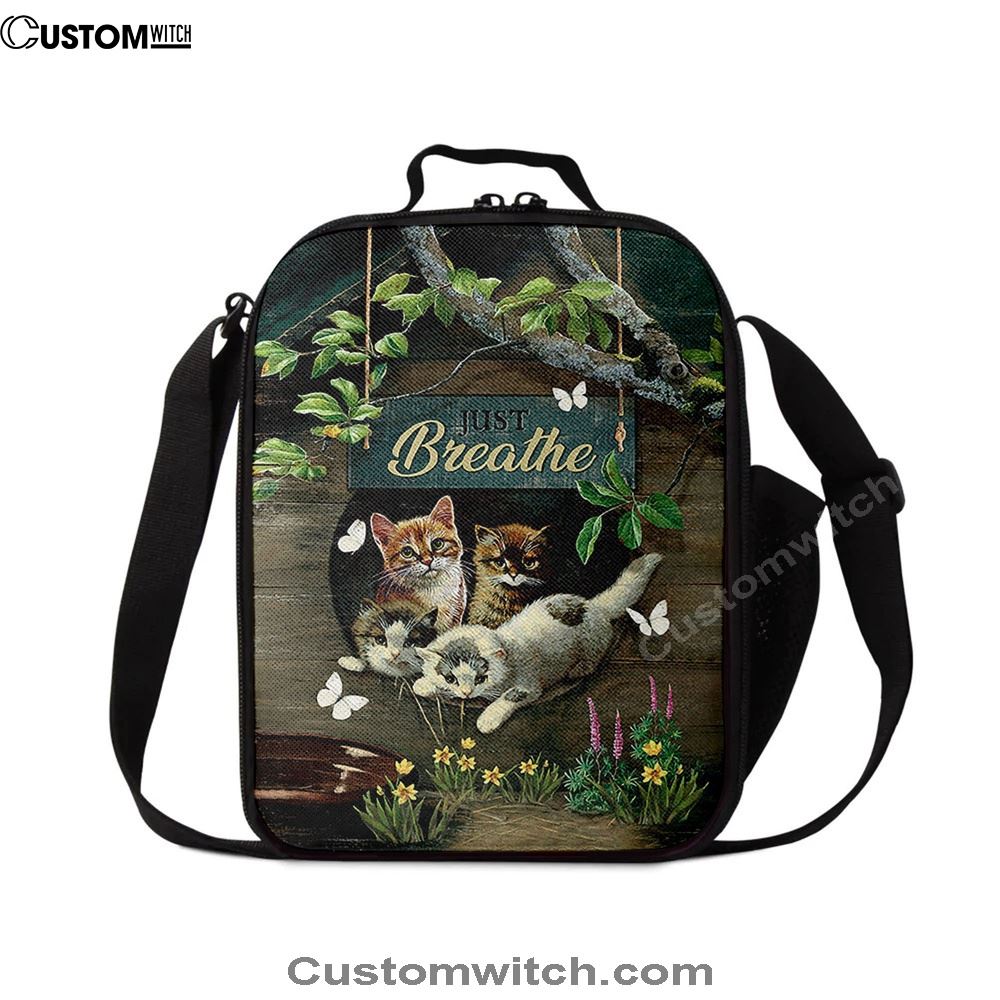 Cat Lovers Just Breathe Lunch Bag, Christian Lunch Bag For School, Picnic, Religious Lunch Bag