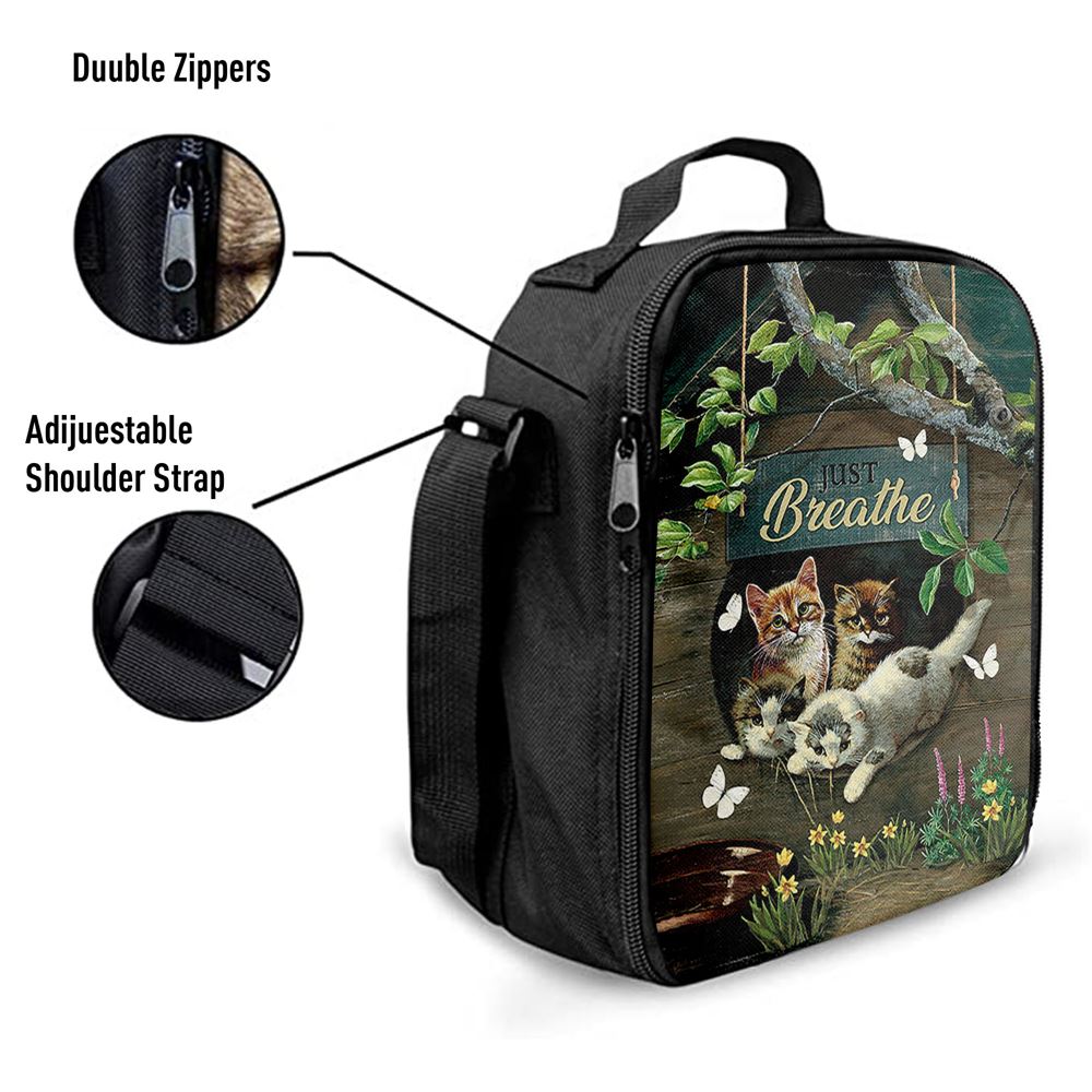 Cat Lovers Just Breathe Lunch Bag, Christian Lunch Bag For School, Picnic, Religious Lunch Bag