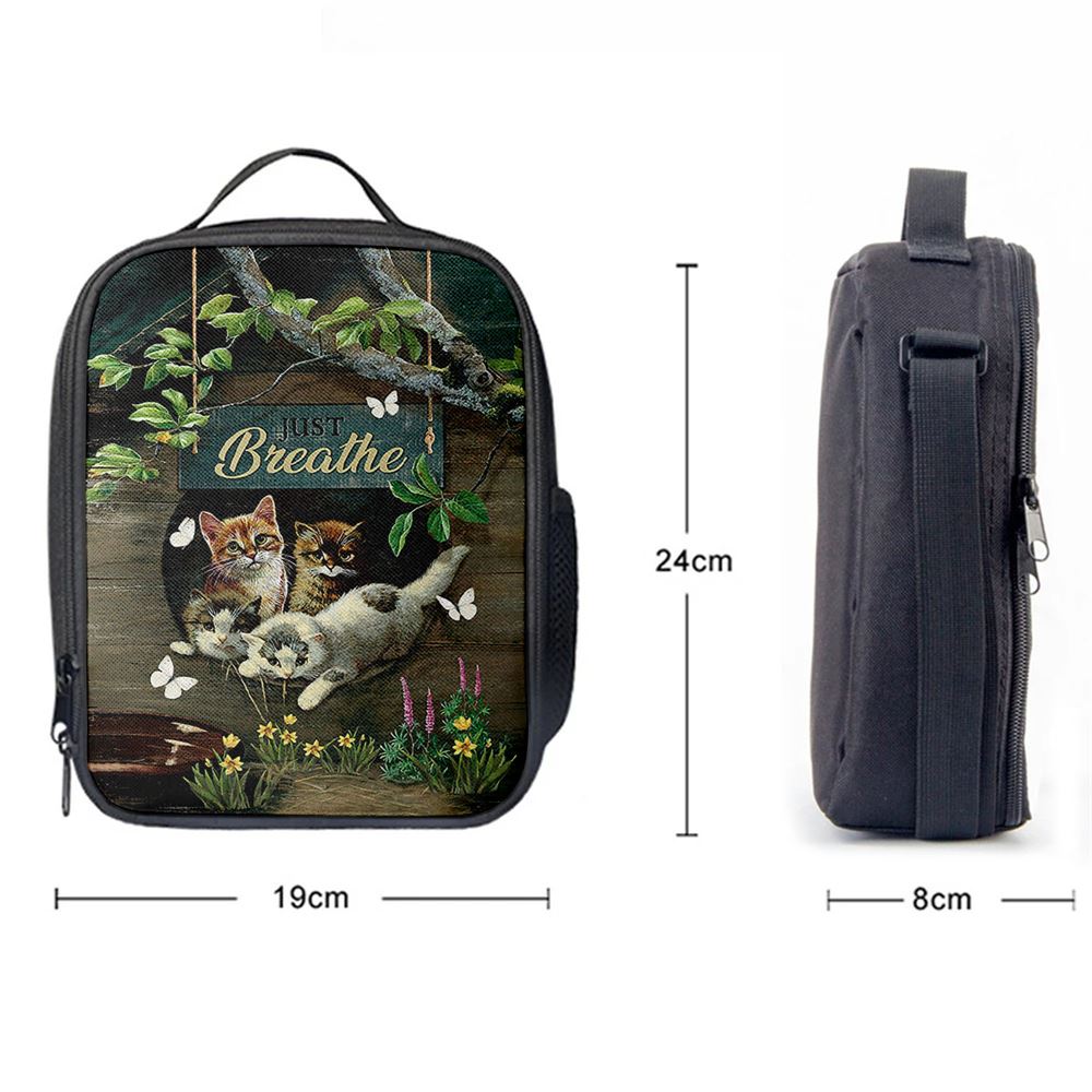 Cat Lovers Just Breathe Lunch Bag, Christian Lunch Bag For School, Picnic, Religious Lunch Bag