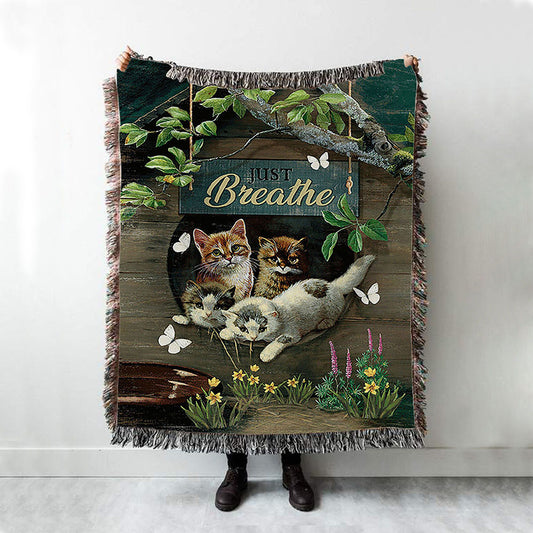 Cat Lovers Just Breathe Woven Blanket Art - Christian Throw Blanket Decor - Gift For Cat Lover