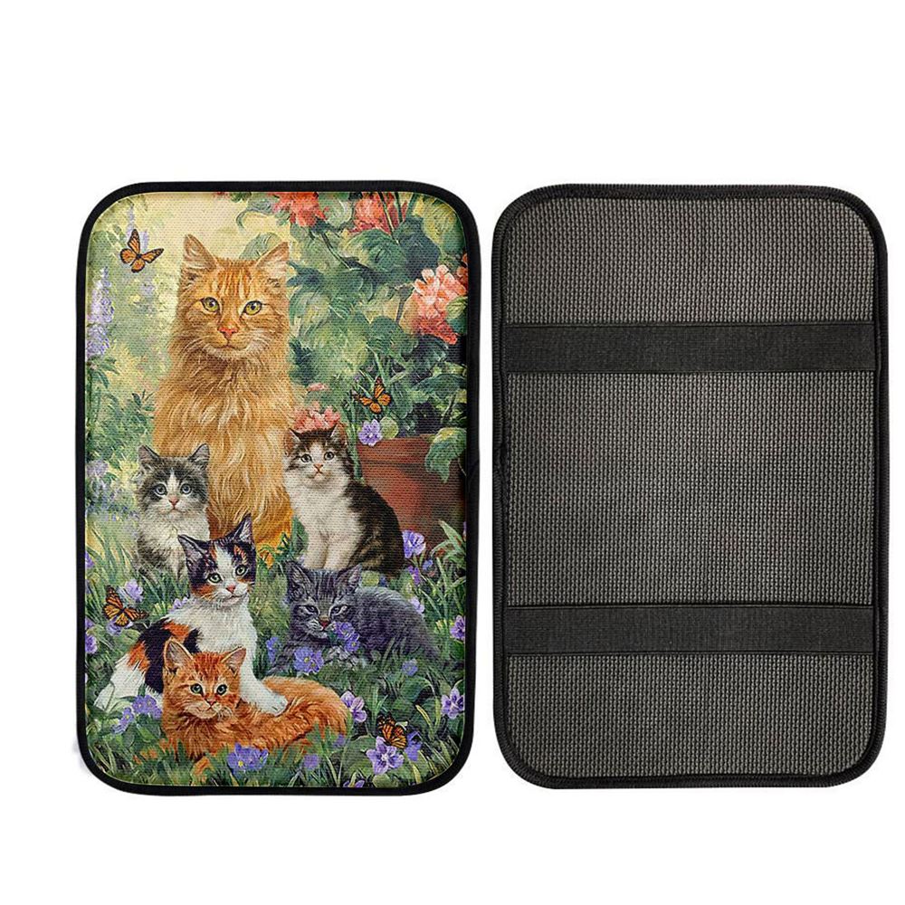 Cat Painting Purple Flower Garden Peace Car Armrest Pad Car Center Console Cover, Religious Car Armrest Accessories